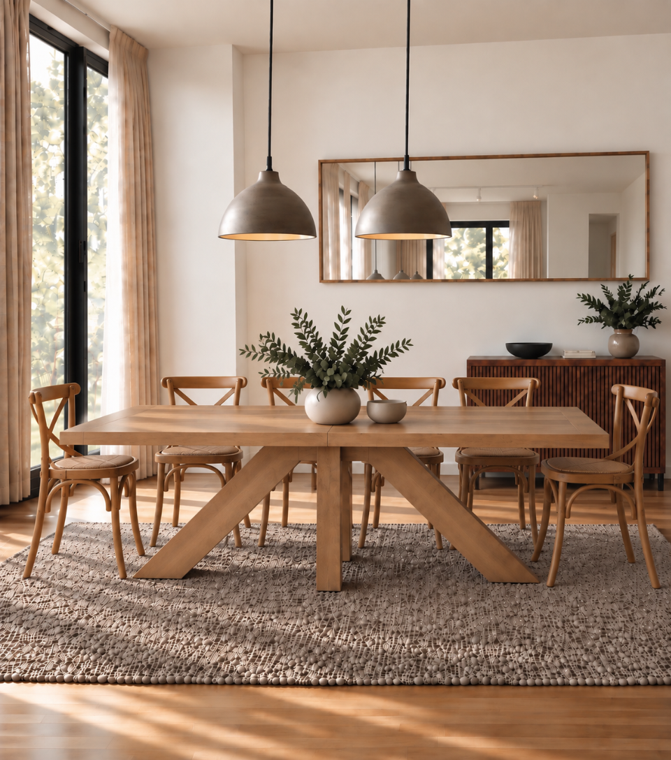 Juego de comedor de madera lenga Francia con mesa mediana y sillas Cruzeta